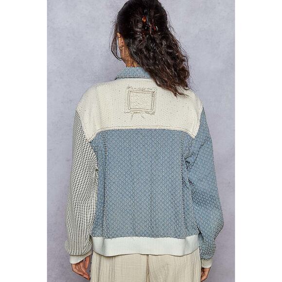 POL Long Sleeves Lace Details Button Up Chest Pockets Denim Jacket | Cerulean - Picture 2 of 4